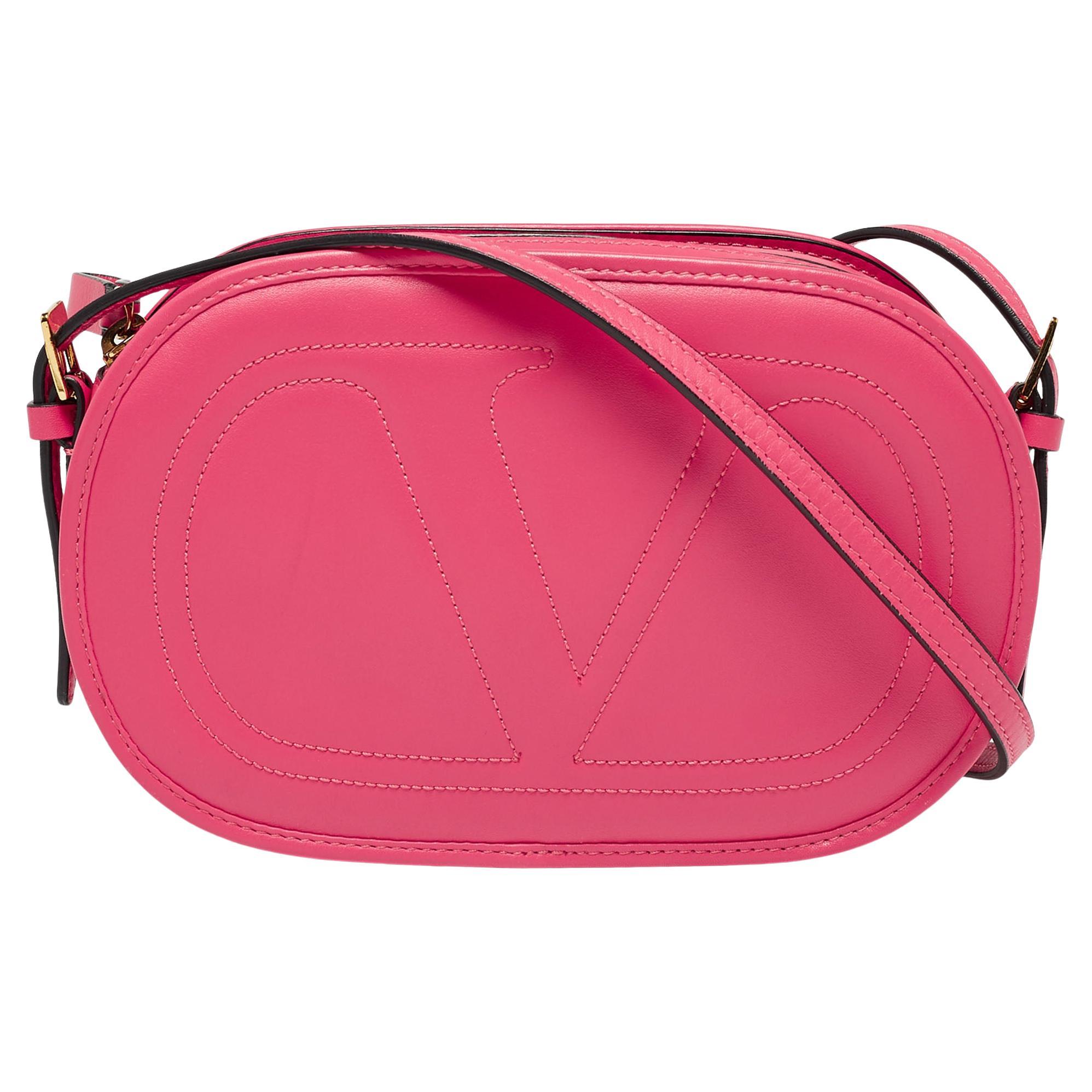Valentino Rose Pink Leather V Logo Shoulder Bag
