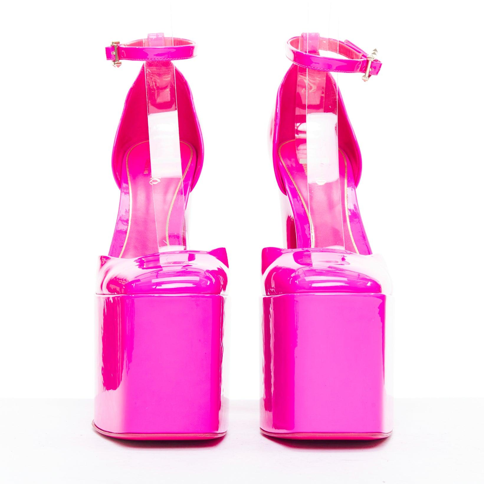 Pink VALENTINO Runway Discobox 180 hot pink patent platform ankle strap heels EU37.5 For Sale