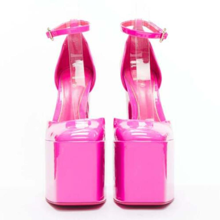 Pink VALENTINO Runway Discobox 180 hot pink patent platform ankle strap heels EU39 For Sale