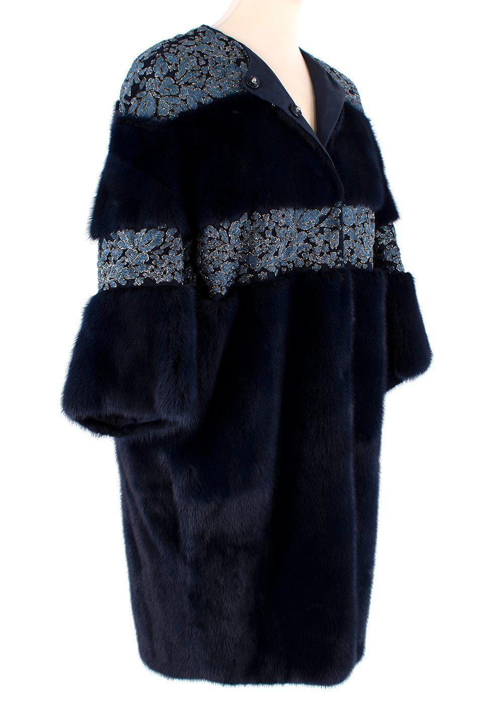 Valentino Runway Navy Floral Sequin Panelled Mink Fur Coat  In New Condition For Sale In London, England