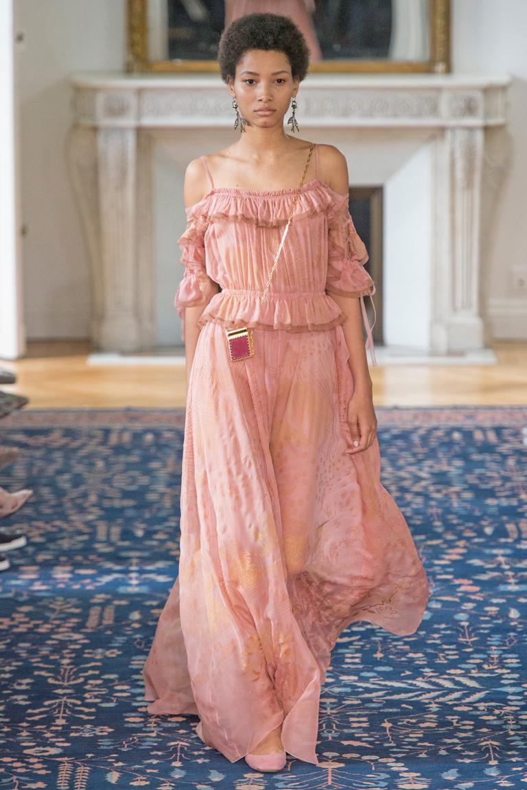 Valentino Off-the-shoulder ruffled print silk-chiffon gown in salmon pink.  An easy carefree style for the warmer months ahead.  Features peasant style bodice with lace-up billowing sleeves.   Zandra Rhodes soft gold  print showcases the long skirt.