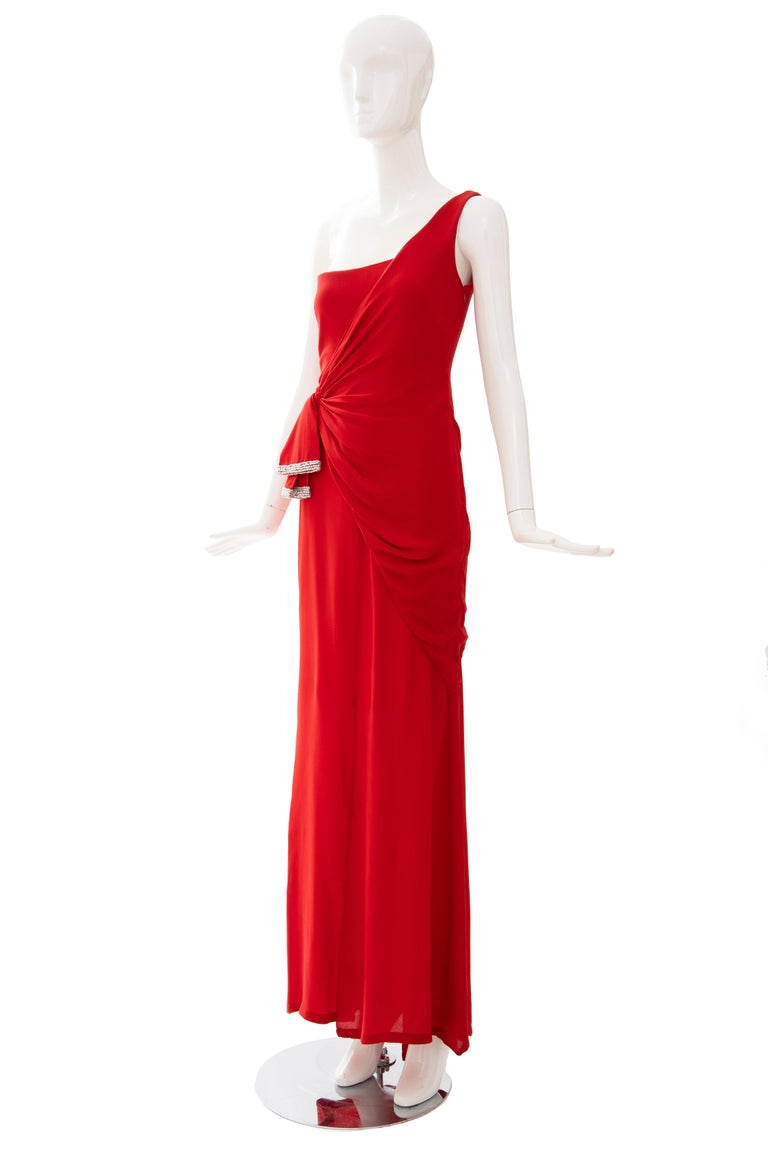 Stunning 2010s Valentino Supermodel Long Red Silk Crepe Dress w Illusion Lace Bodice