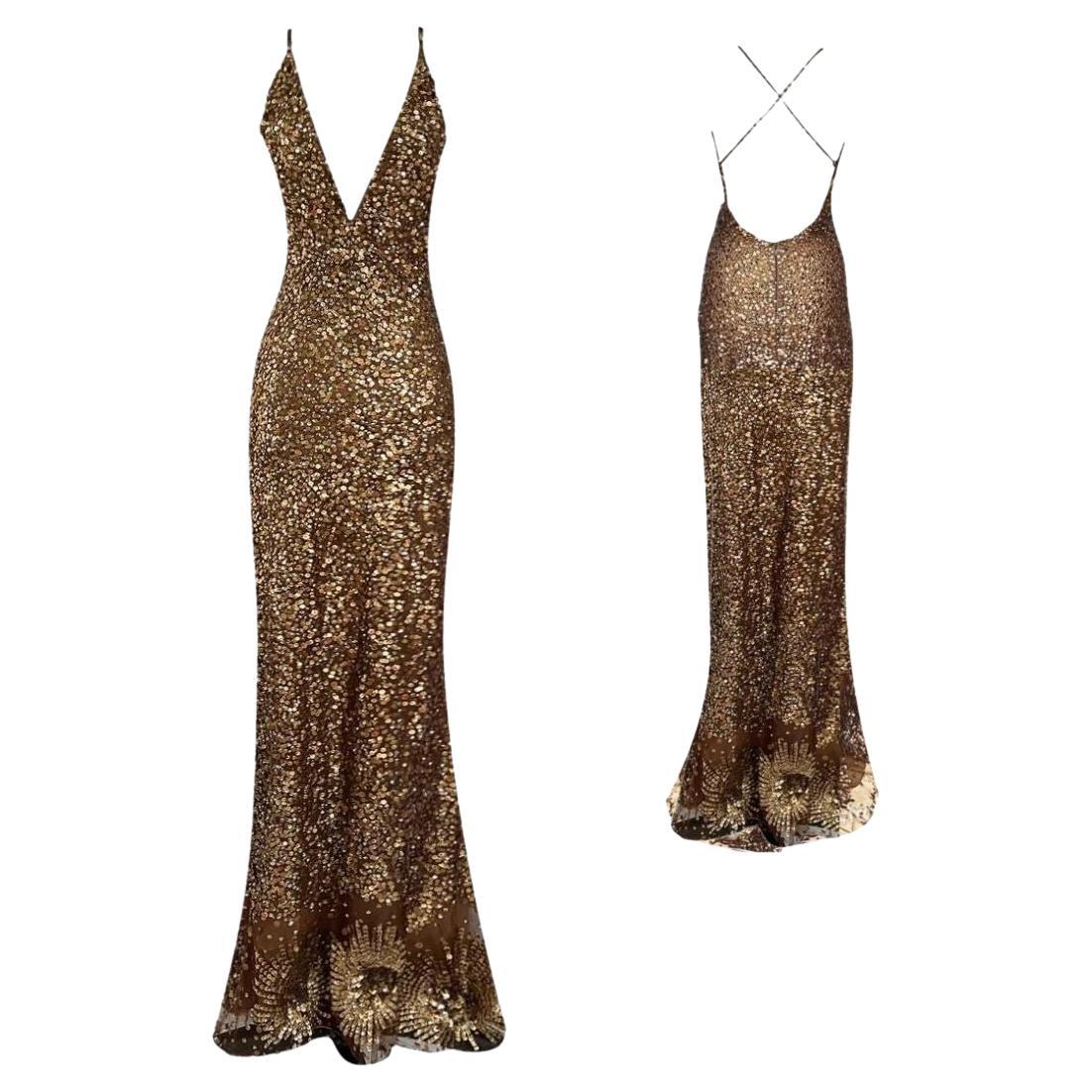Valentino Runway Vintage Gold Sequin Evening Gown Fall/Winter 2002 Size 8 For Sale