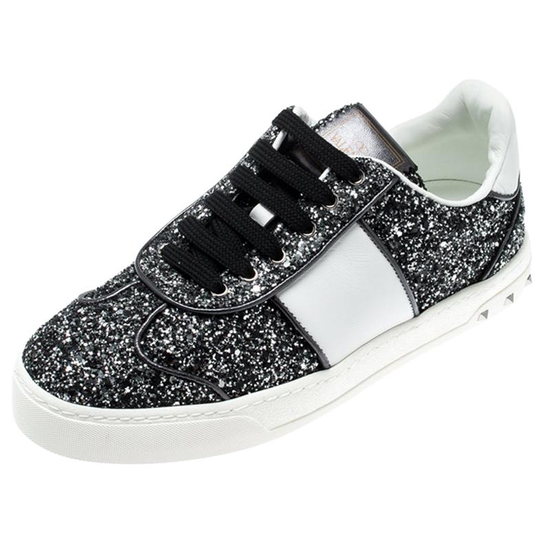 Valentino Rutenio/Bianco Glitter Flycrew Lace Up Sneakers Size 37