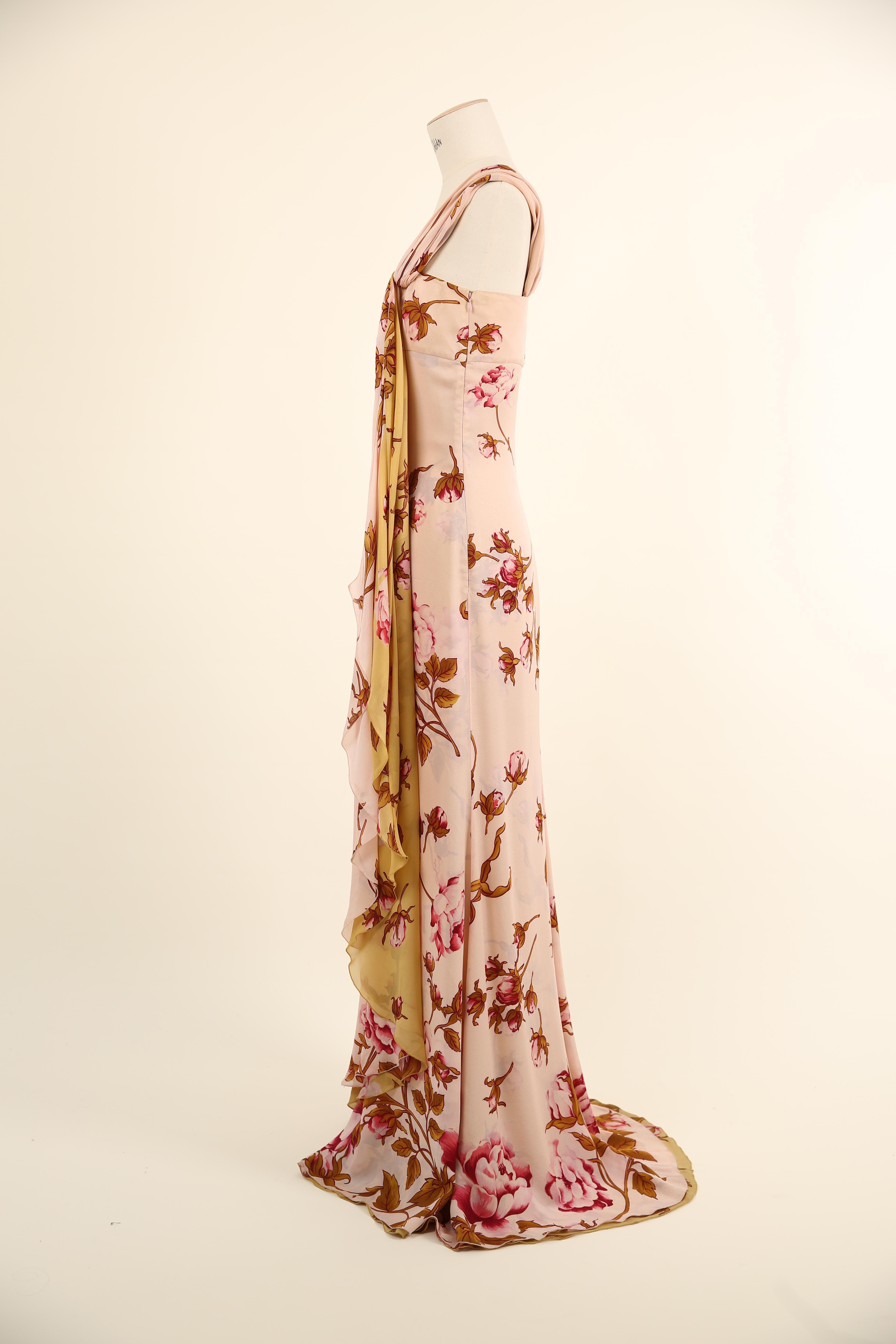 Valentino S/S 06 pink yellow rose print floral one shoulder gown train dress For Sale 6