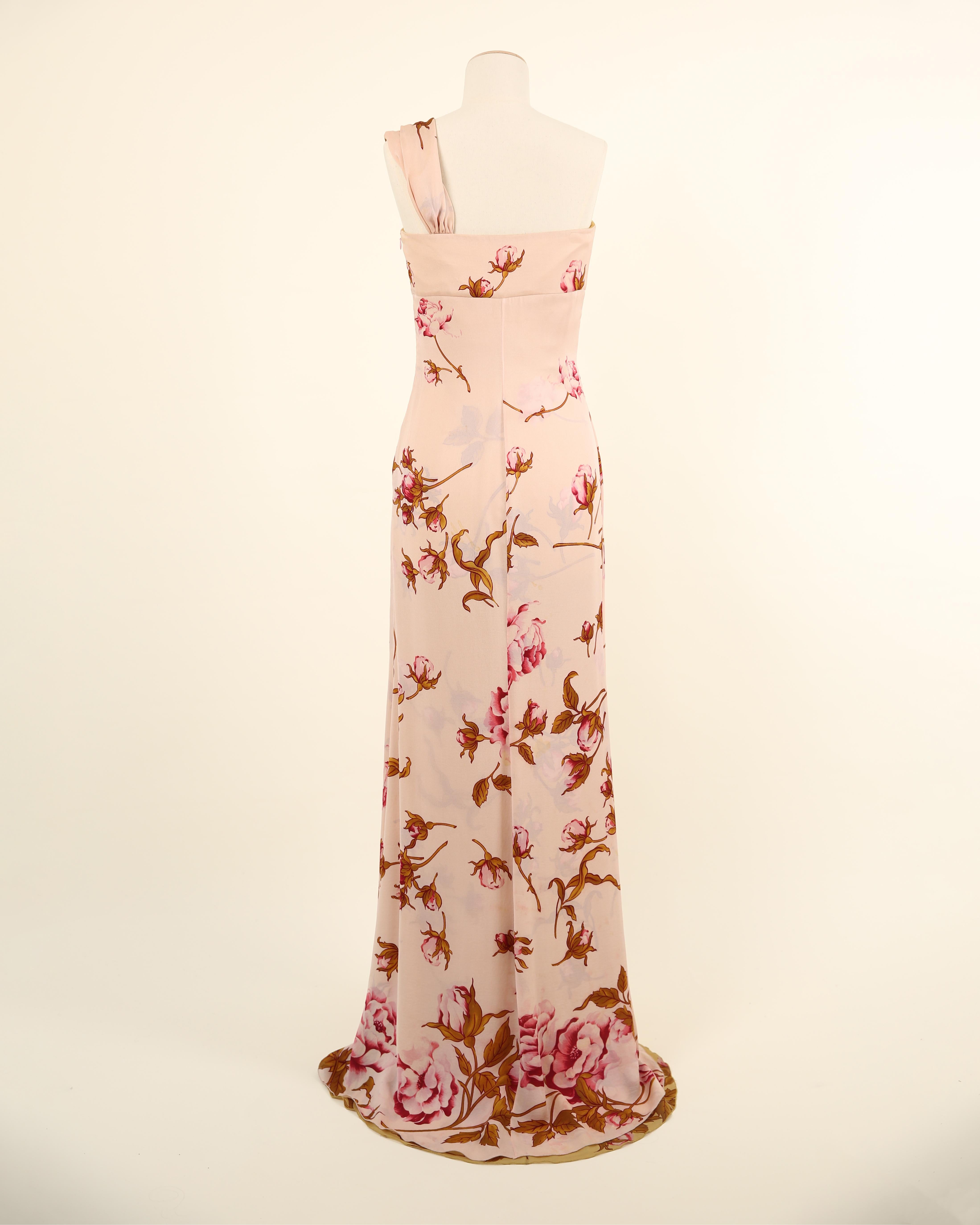 Valentino S/S 06 pink yellow rose print floral one shoulder gown train dress For Sale 7