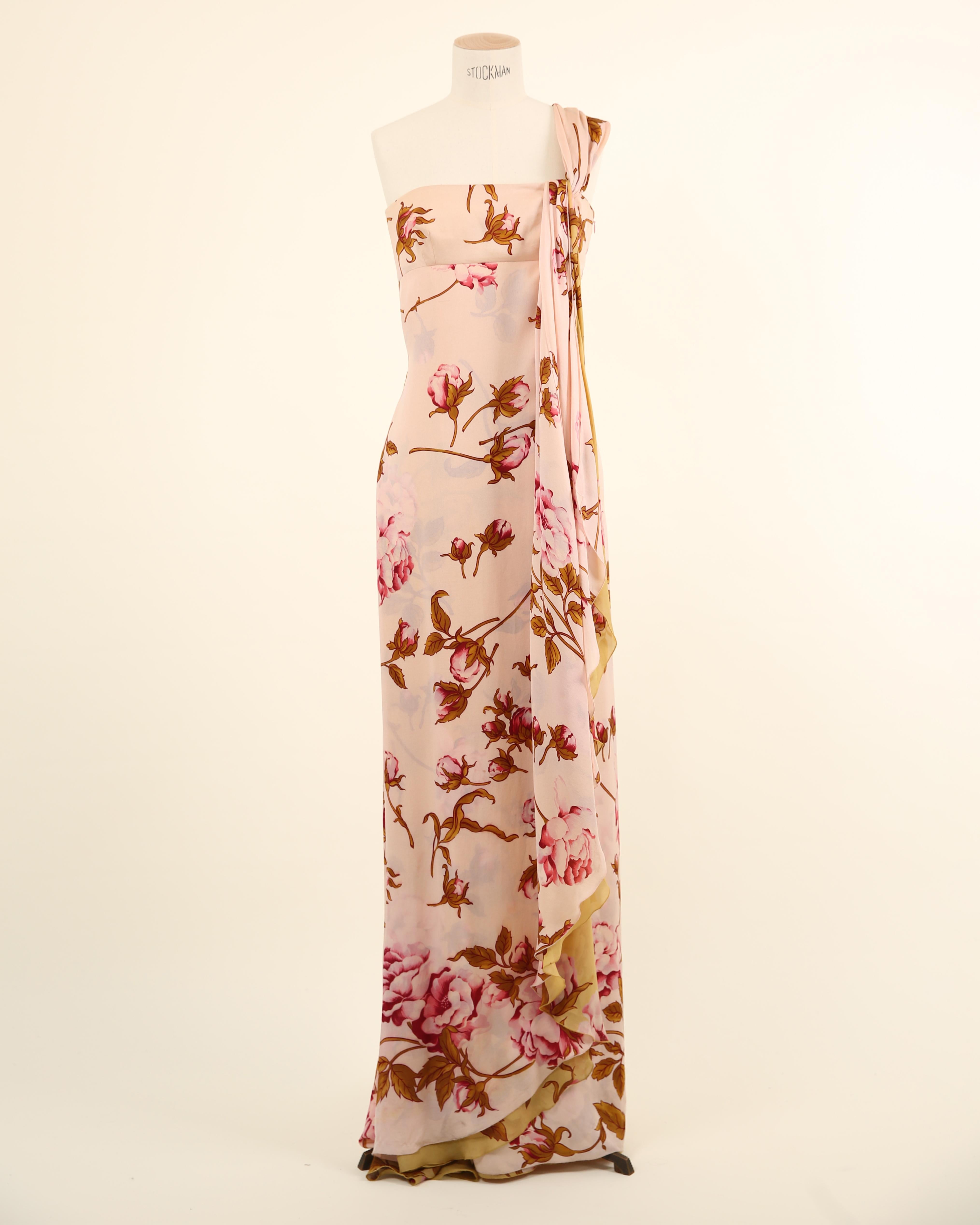 Valentino S/S 06 pink yellow rose print floral one shoulder gown train dress In Fair Condition For Sale In Paris, FR