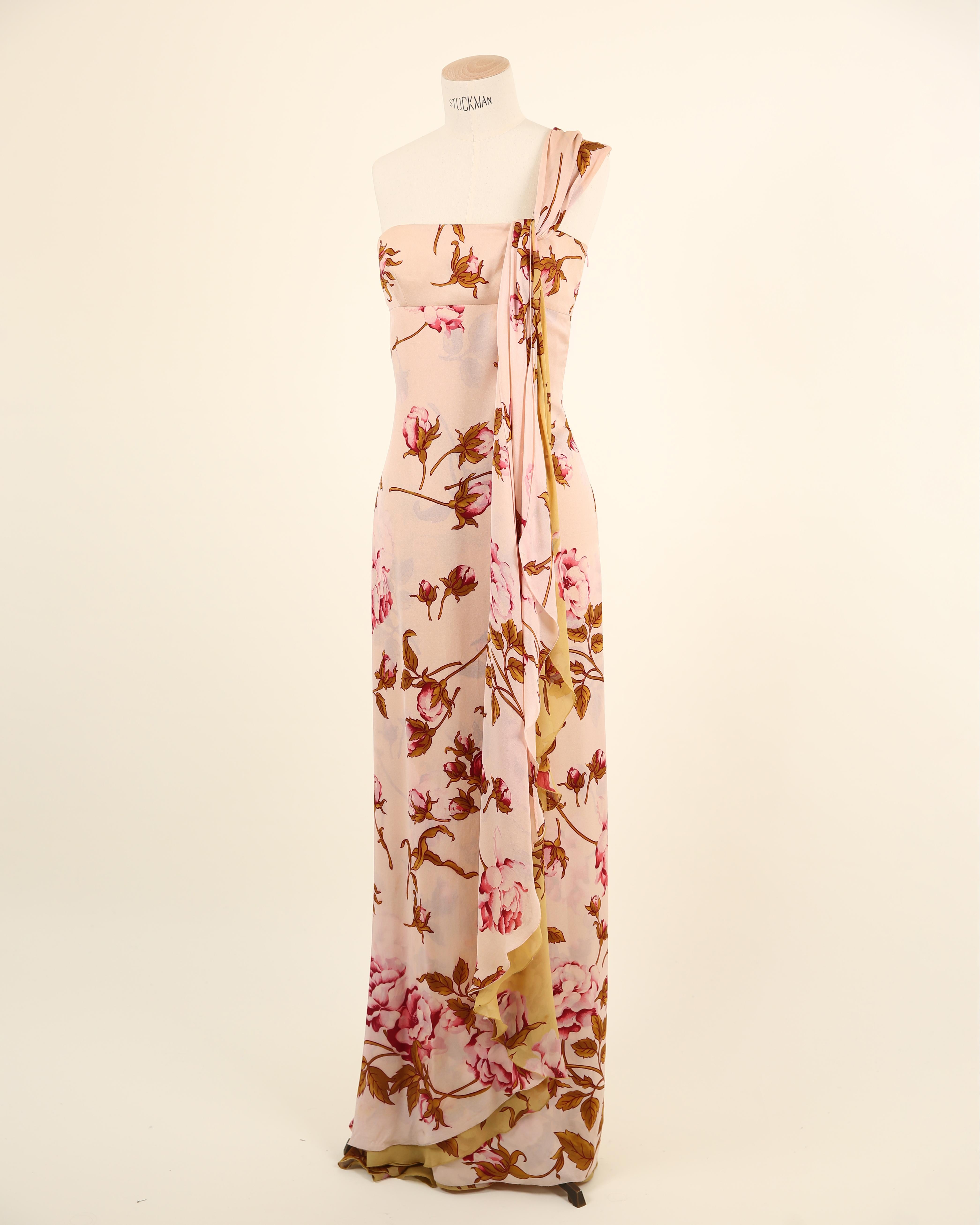 Women's Valentino S/S 06 pink yellow rose print floral one shoulder gown train dress For Sale