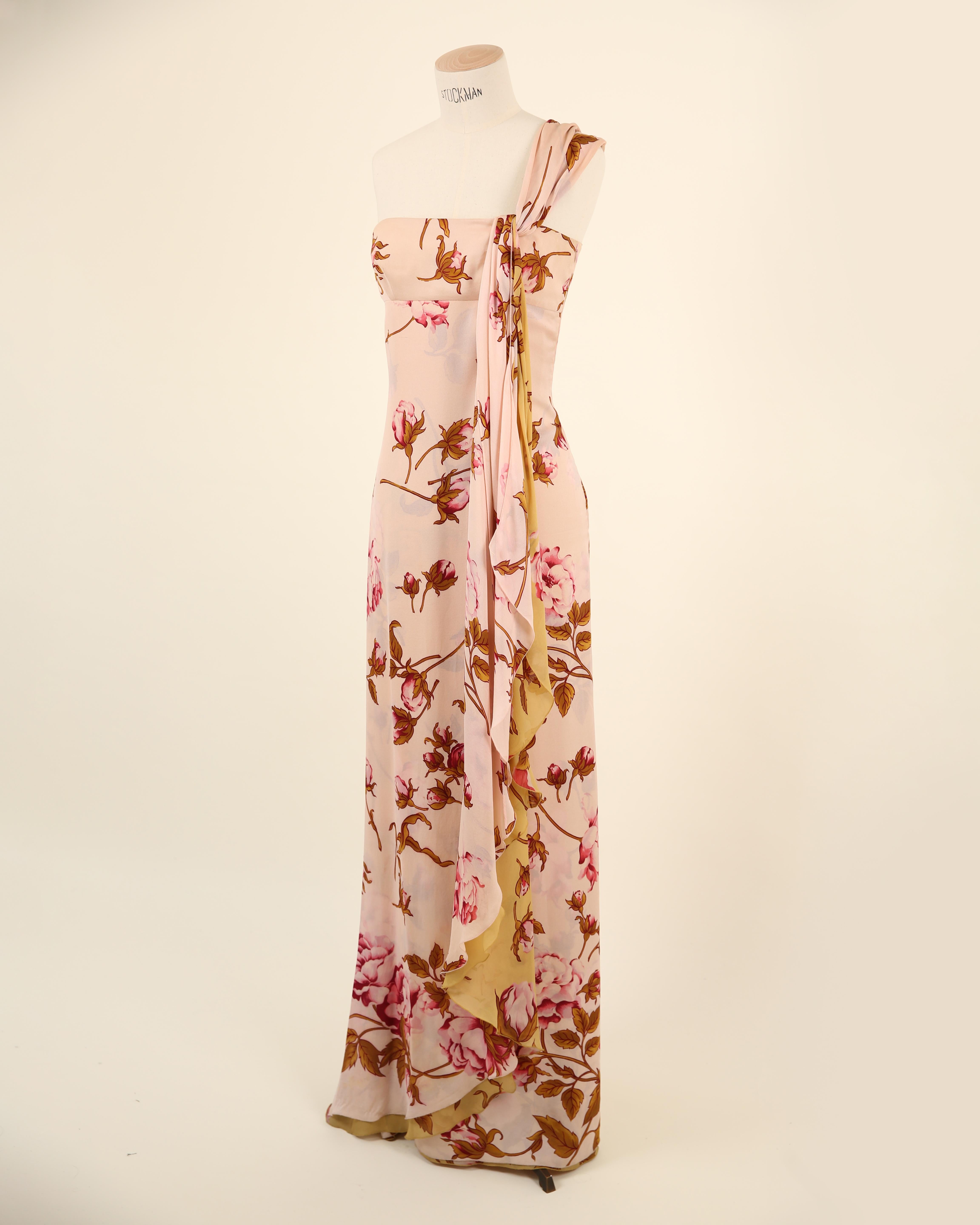 Valentino S/S 06 pink yellow rose print floral one shoulder gown train dress For Sale 1