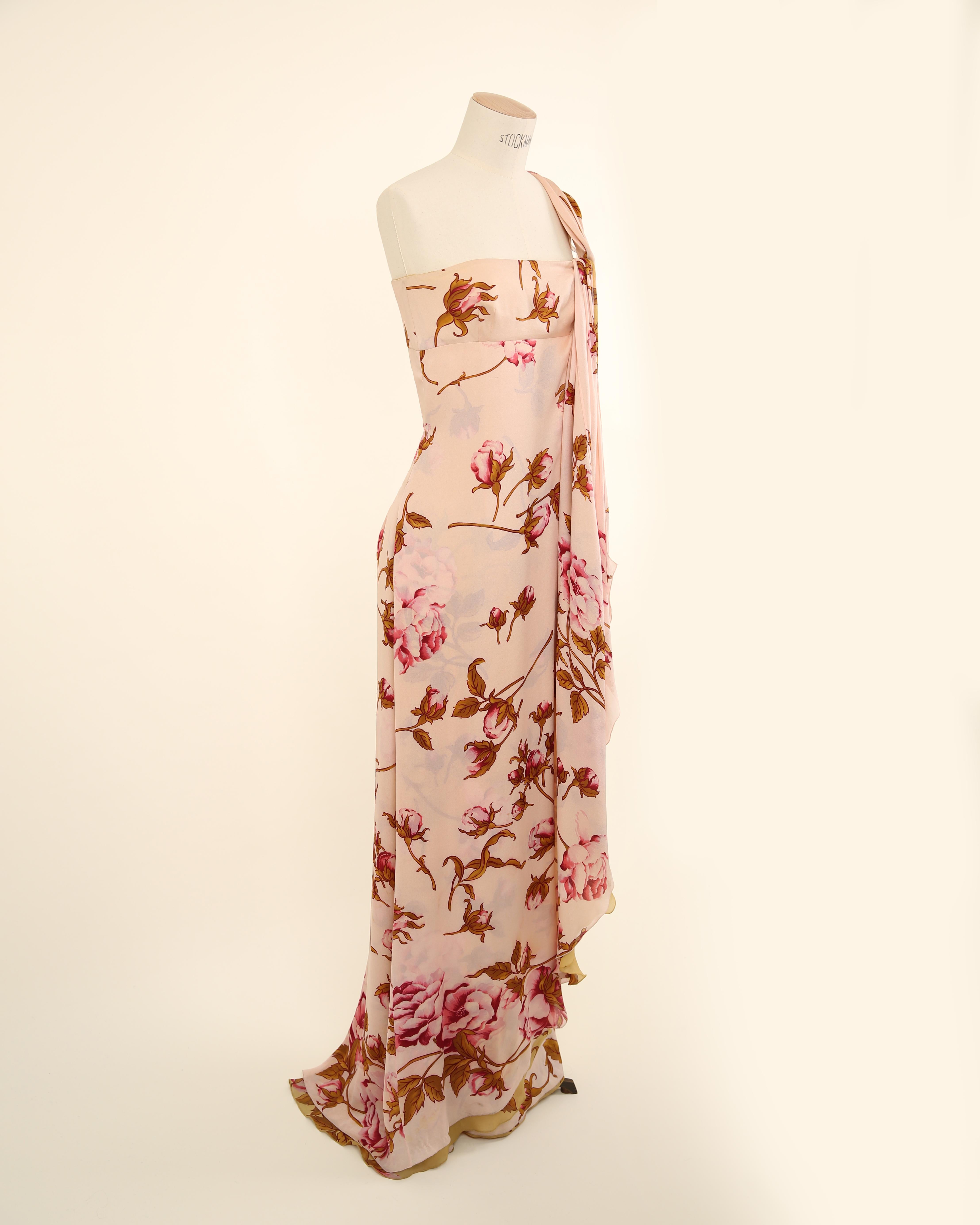 Valentino S/S 06 pink yellow rose print floral one shoulder gown train dress For Sale 2