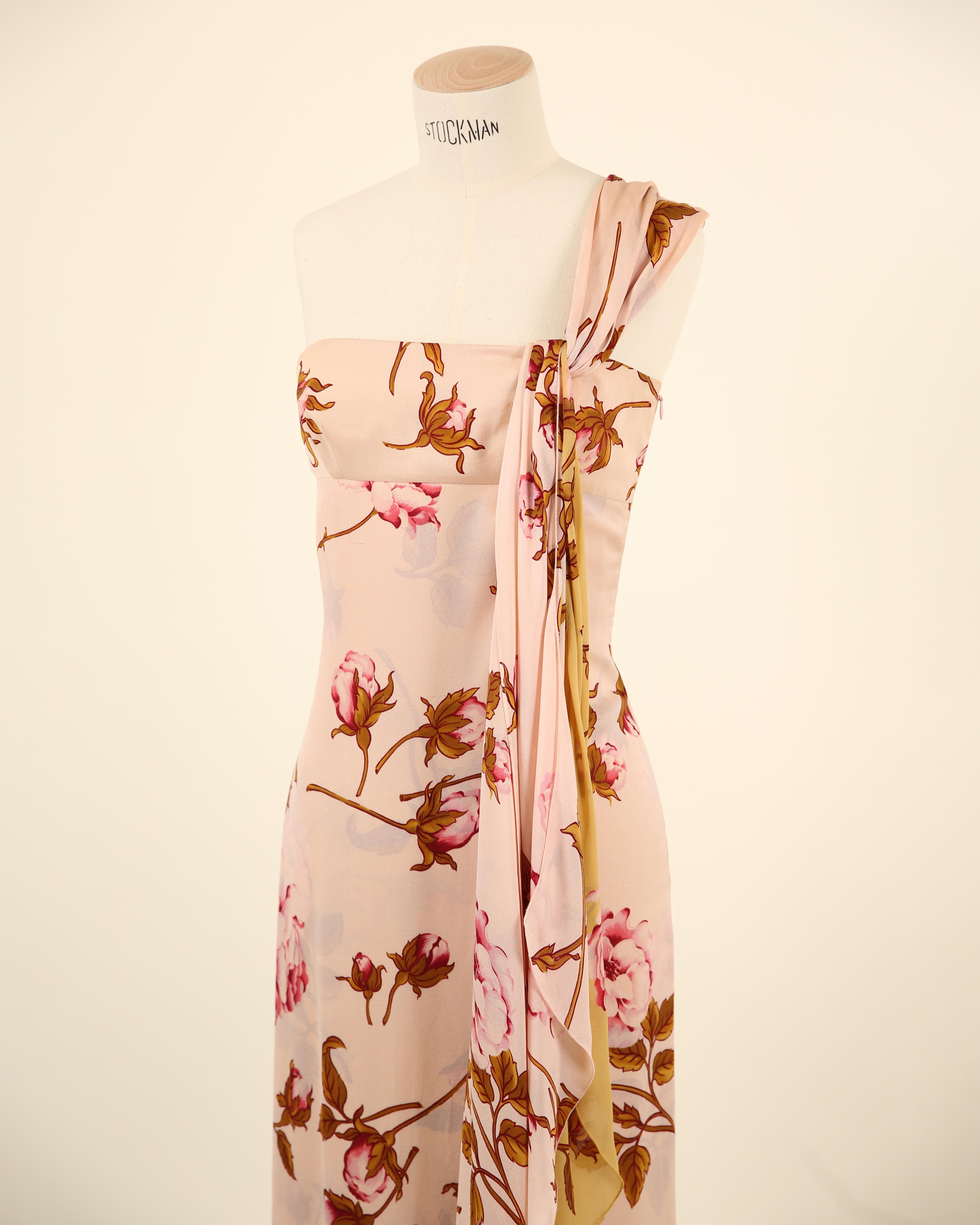 Valentino S/S 06 pink yellow rose print floral one shoulder gown train dress For Sale 3