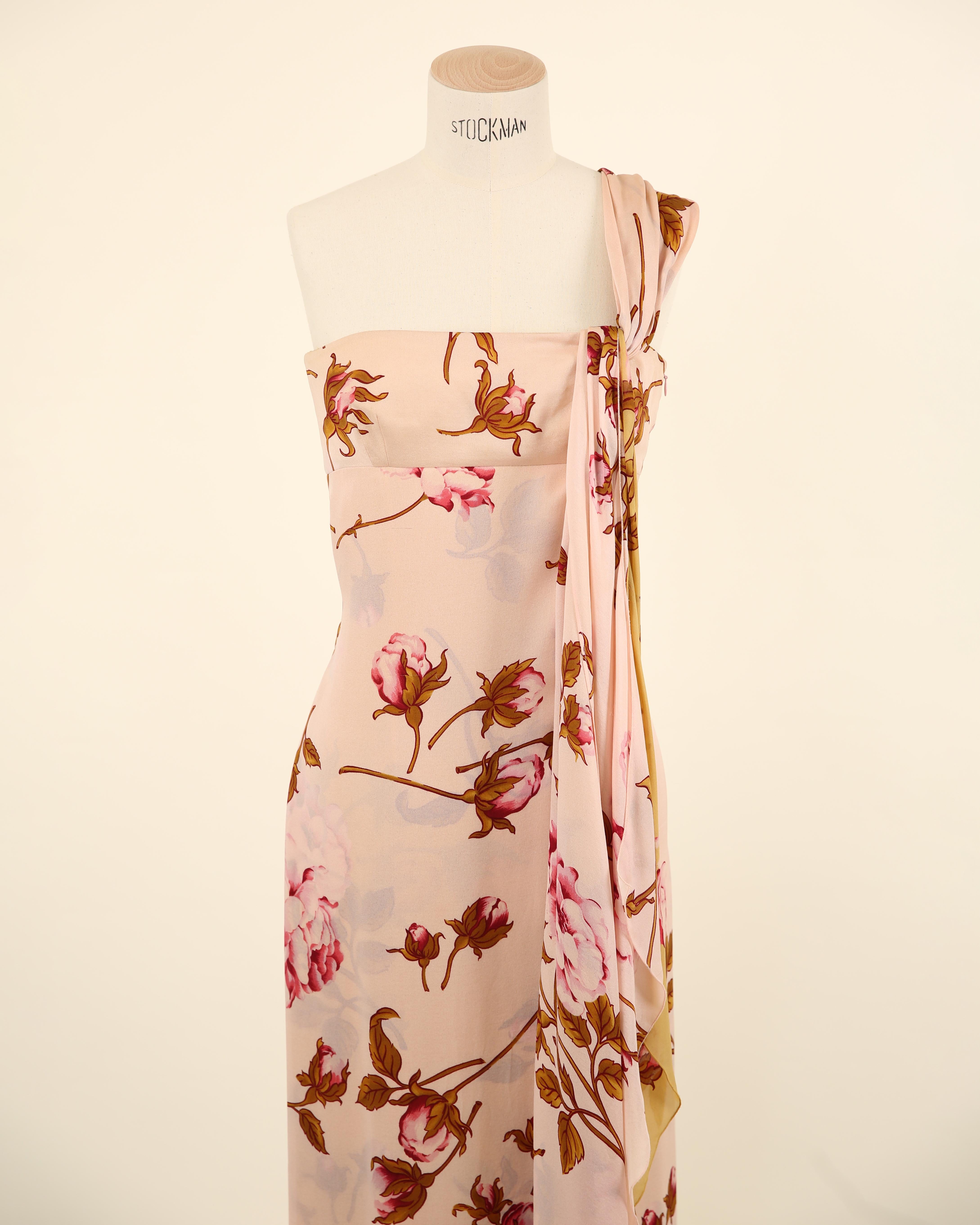 Valentino S/S 06 pink yellow rose print floral one shoulder gown train dress For Sale 4