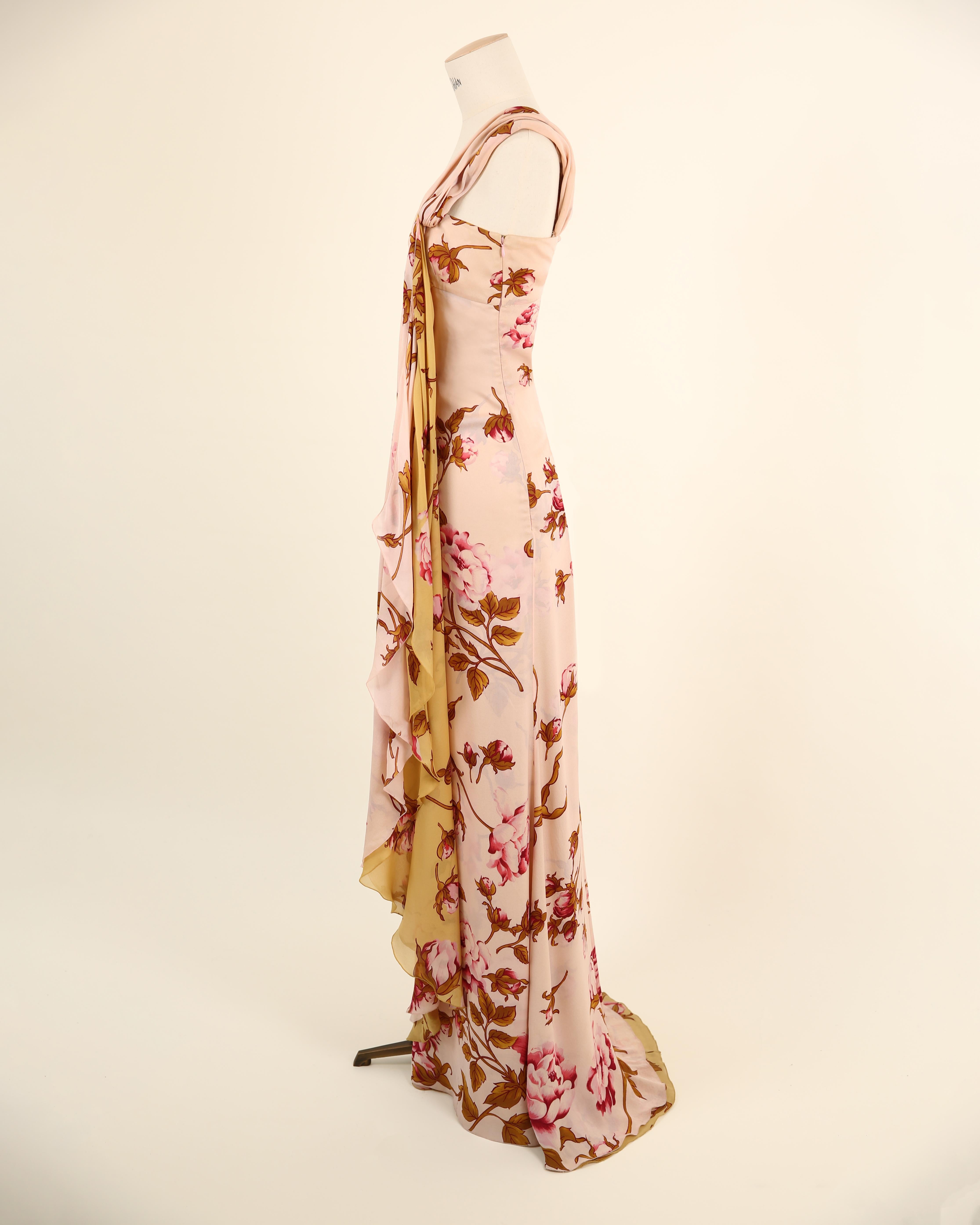 Valentino S/S 06 pink yellow rose print floral one shoulder gown train dress For Sale 5