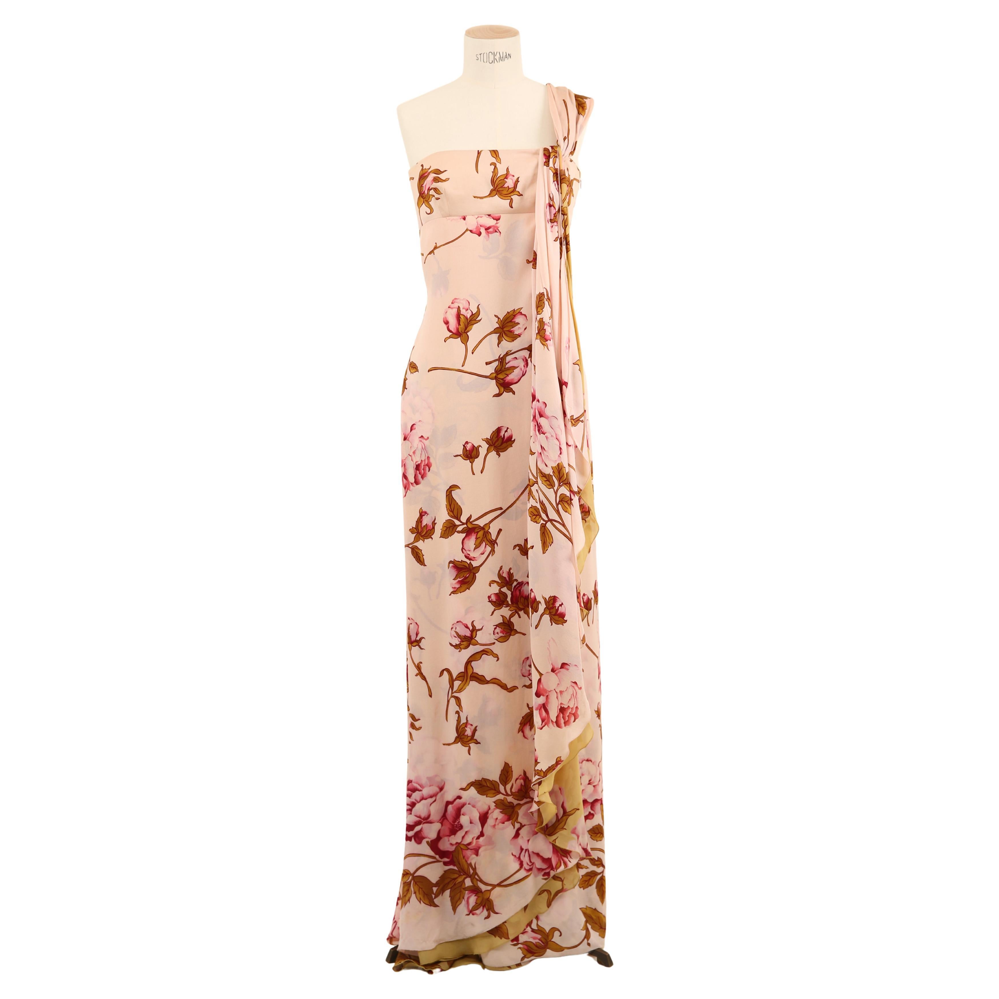 Valentino S/S 06 pink yellow rose print floral one shoulder gown train dress For Sale