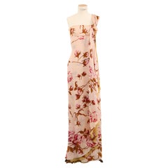 Used Valentino S/S 06 pink yellow rose print floral one shoulder gown train dress