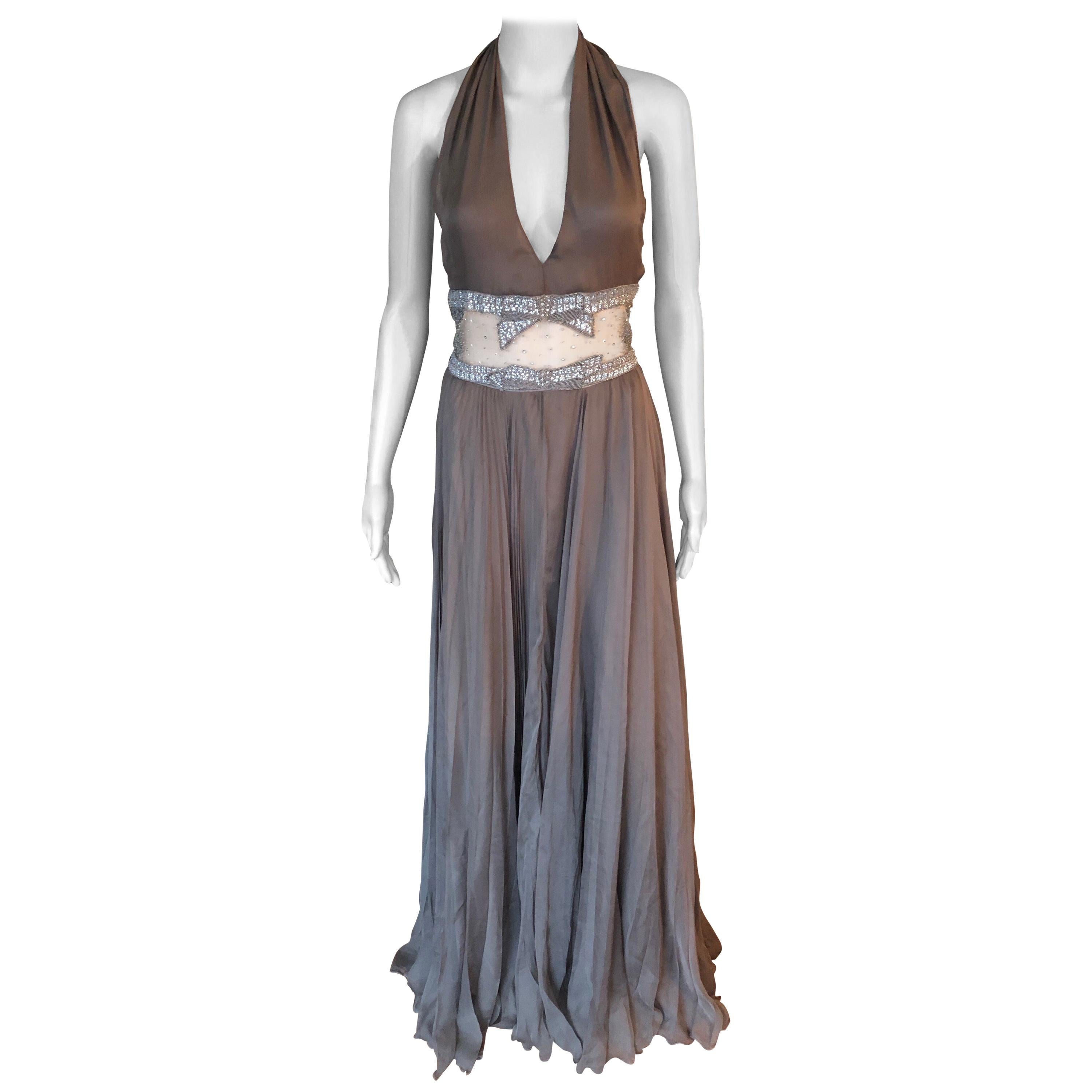 Valentino S/S 2001 Runway Sheer Panel Embellished Brown Dress Gown For Sale