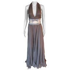 Used Valentino S/S 2001 Runway Sheer Panel Embellished Brown Dress Gown 