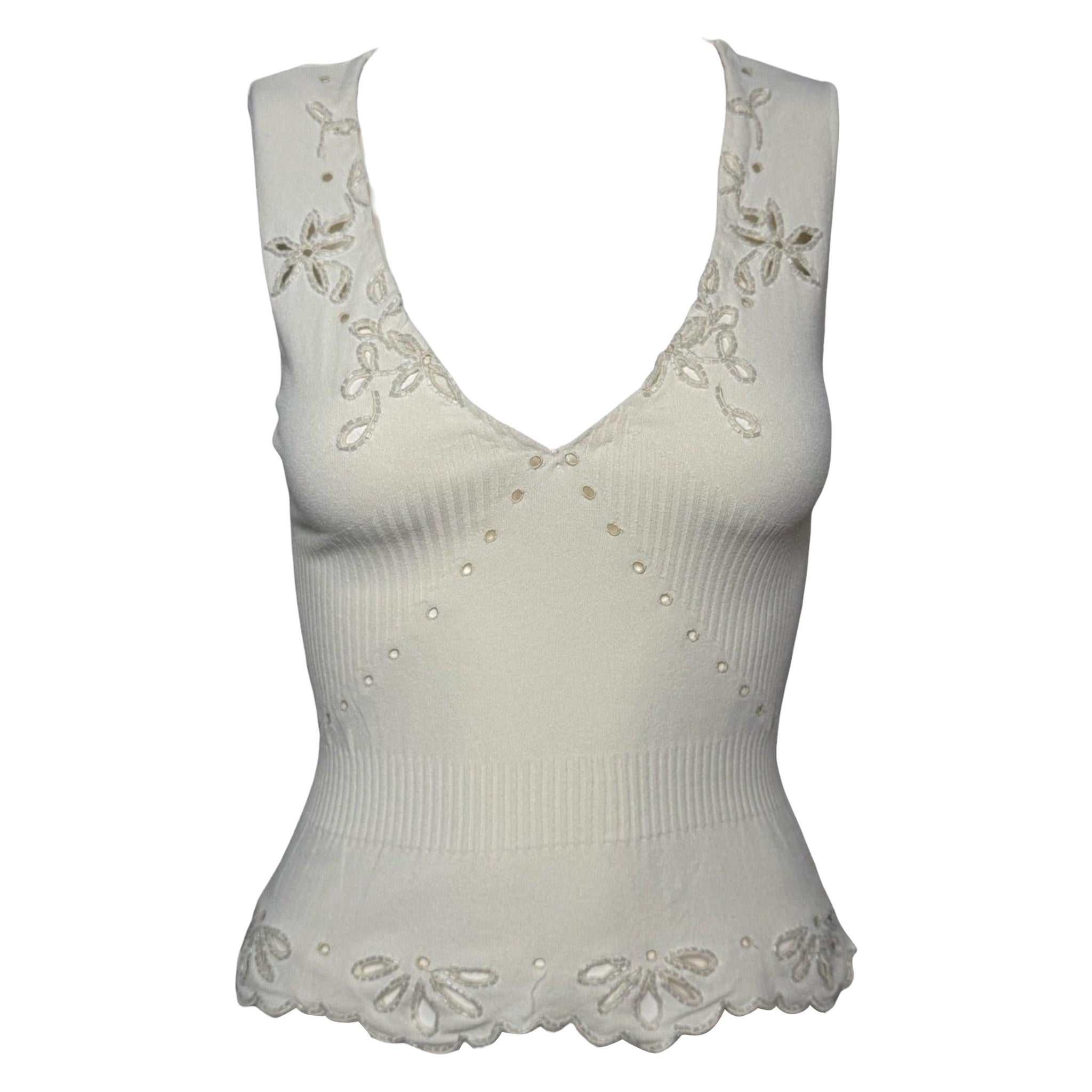 Valentino S/S 2003 White Ribbed-Knit Embroidered Beaded Tank Top at 1stDibs