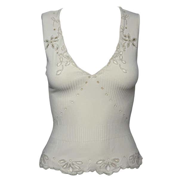 Valentino S/S 2003 White Ribbed-Knit Embroidered Beaded Tank Top at 1stDibs