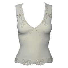 Valentino S/S 2003 White Ribbed-Knit Embroidered Beaded Tank Top