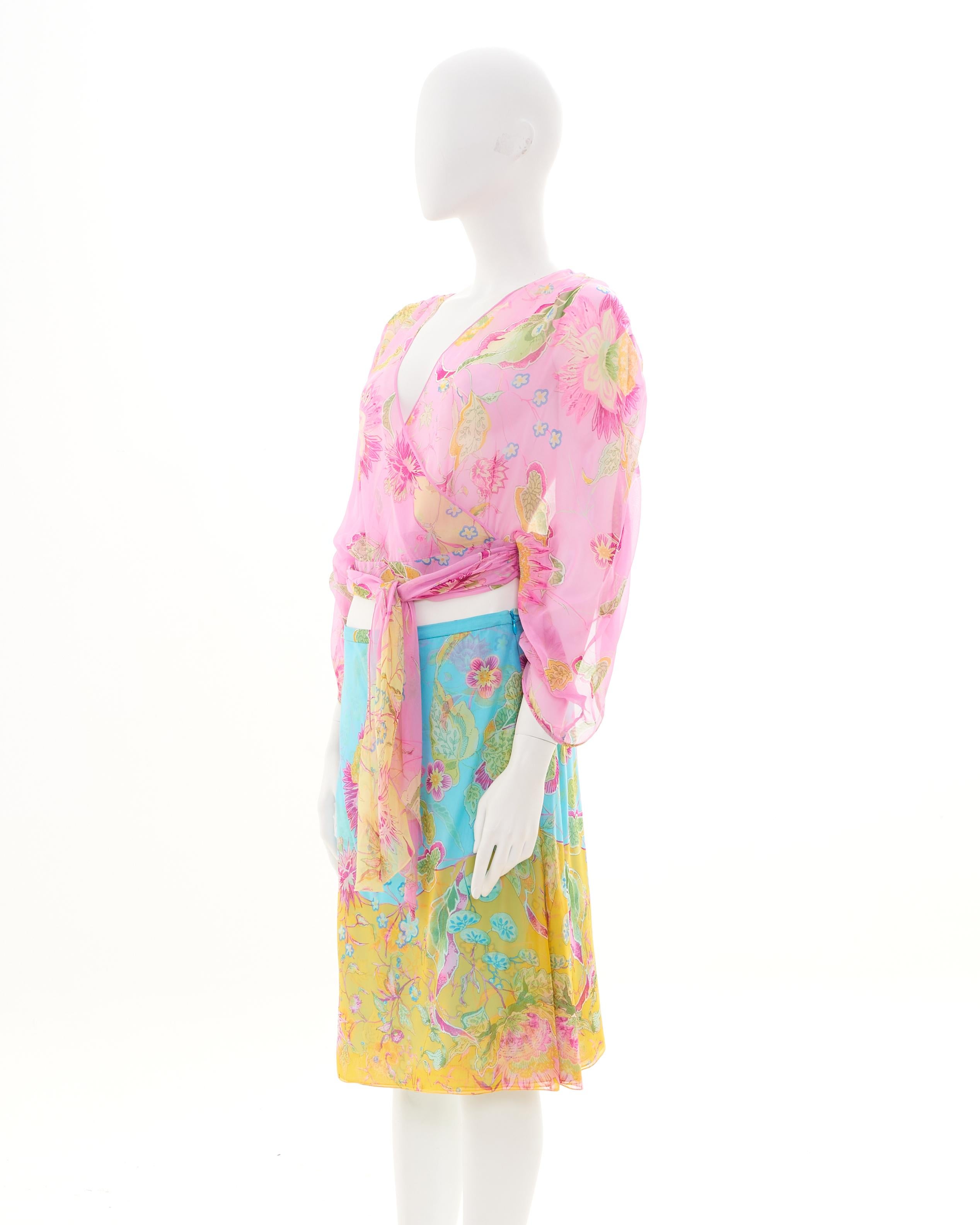 Valentino S/S 2004 Multicolor Floral silk skirt set In Excellent Condition For Sale In Milano, IT