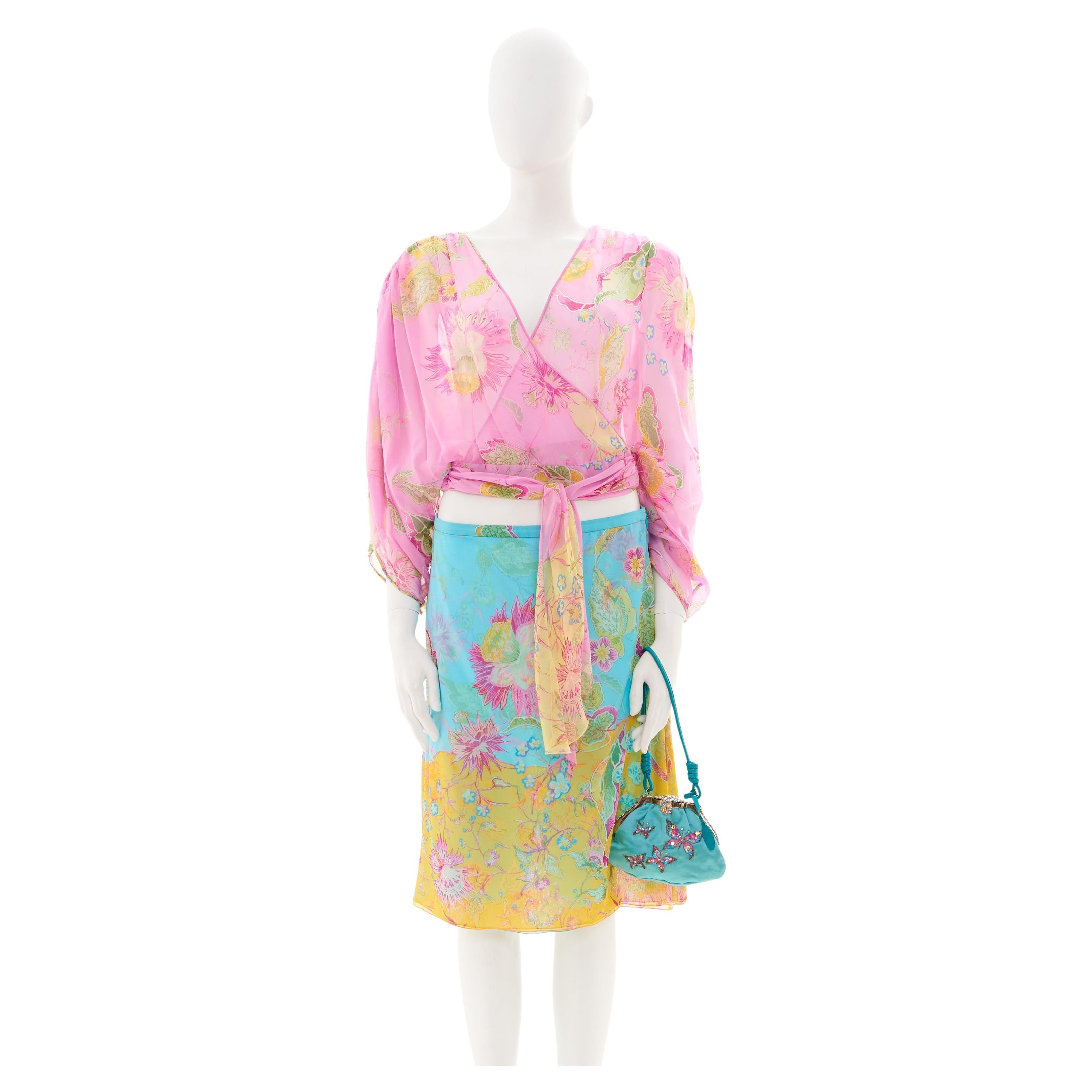 Valentino S/S 2004 Multicolor Floral silk skirt set For Sale