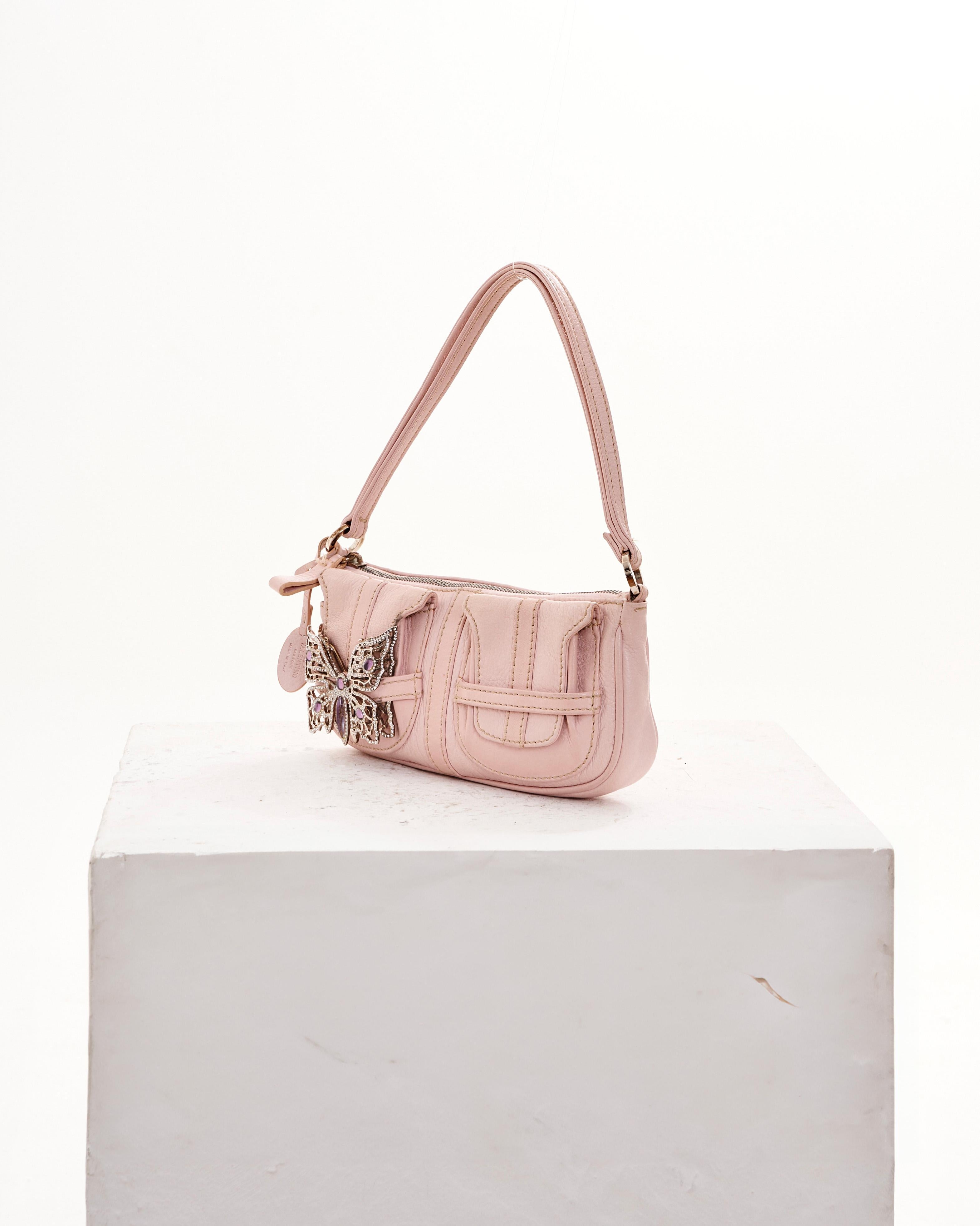 Beige Valentino S/S 2004 Pink lambskin handbag with rhinestone butterfly For Sale