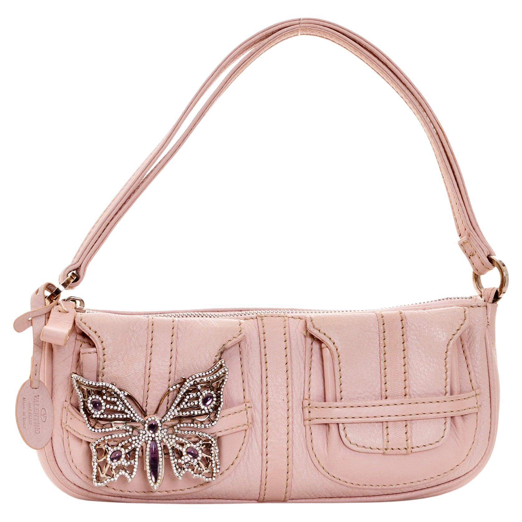 Valentino S/S 2004 Pink lambskin handbag with rhinestone butterfly For Sale