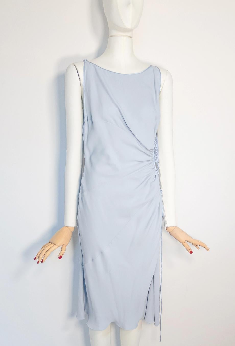 Valentino S/S 2004 RUNWAY Lattice Silk Powder Blue Cutout Dress Sz10 In Good Condition For Sale In Melbourne, VIC