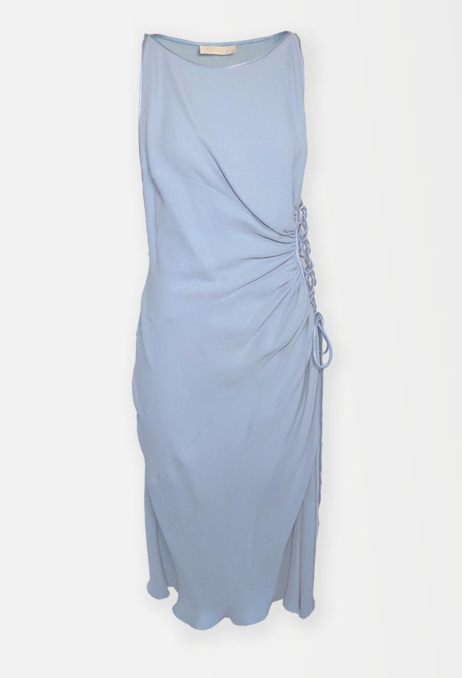 Valentino S/S 2004 RUNWAY Lattice Silk Powder Blue Cutout Dress Sz10 For Sale 3