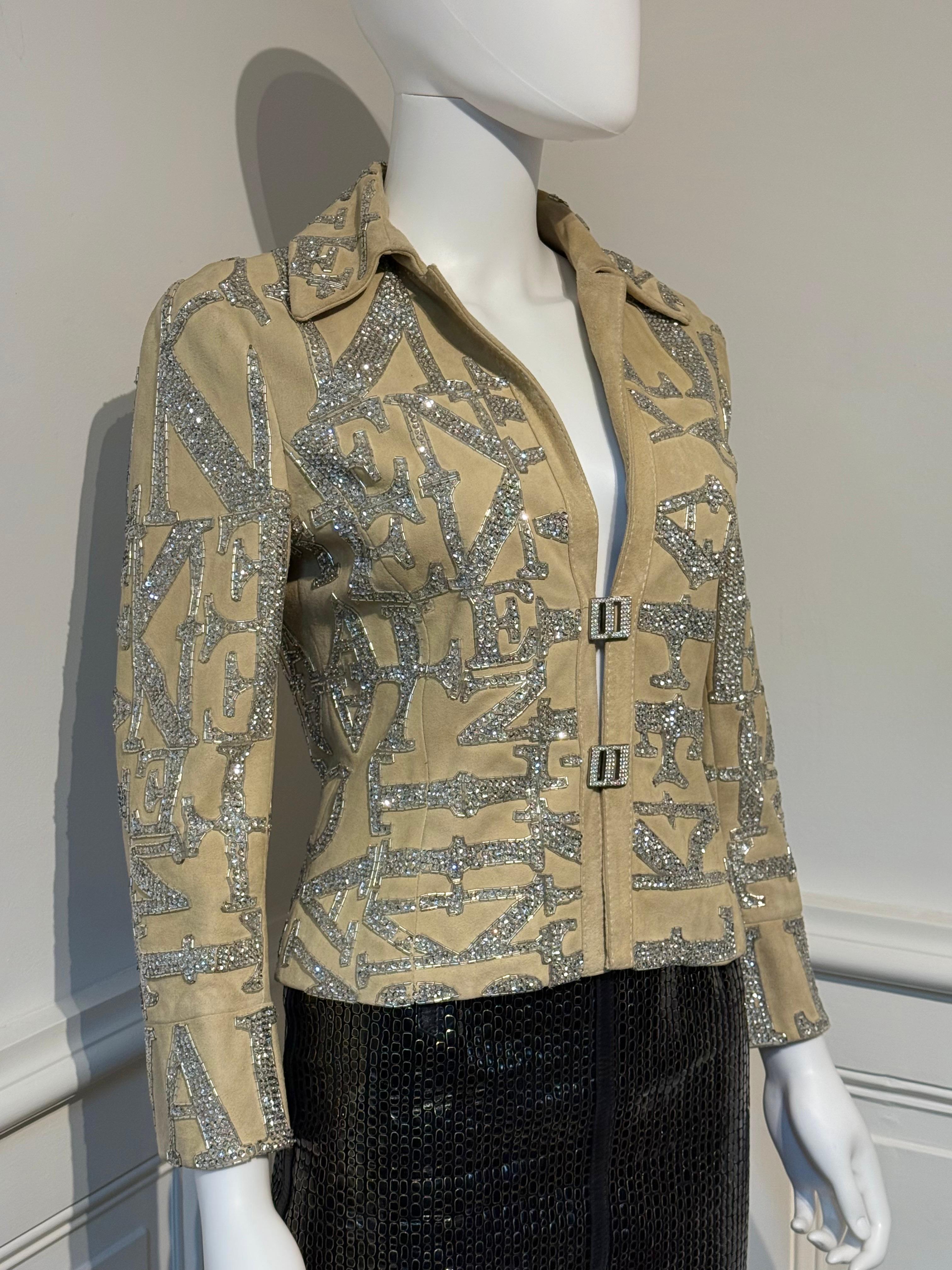 Marron Valentino S/S 2005 Runway - Veste en daim brodée et ornée de perles et de paillettes en vente