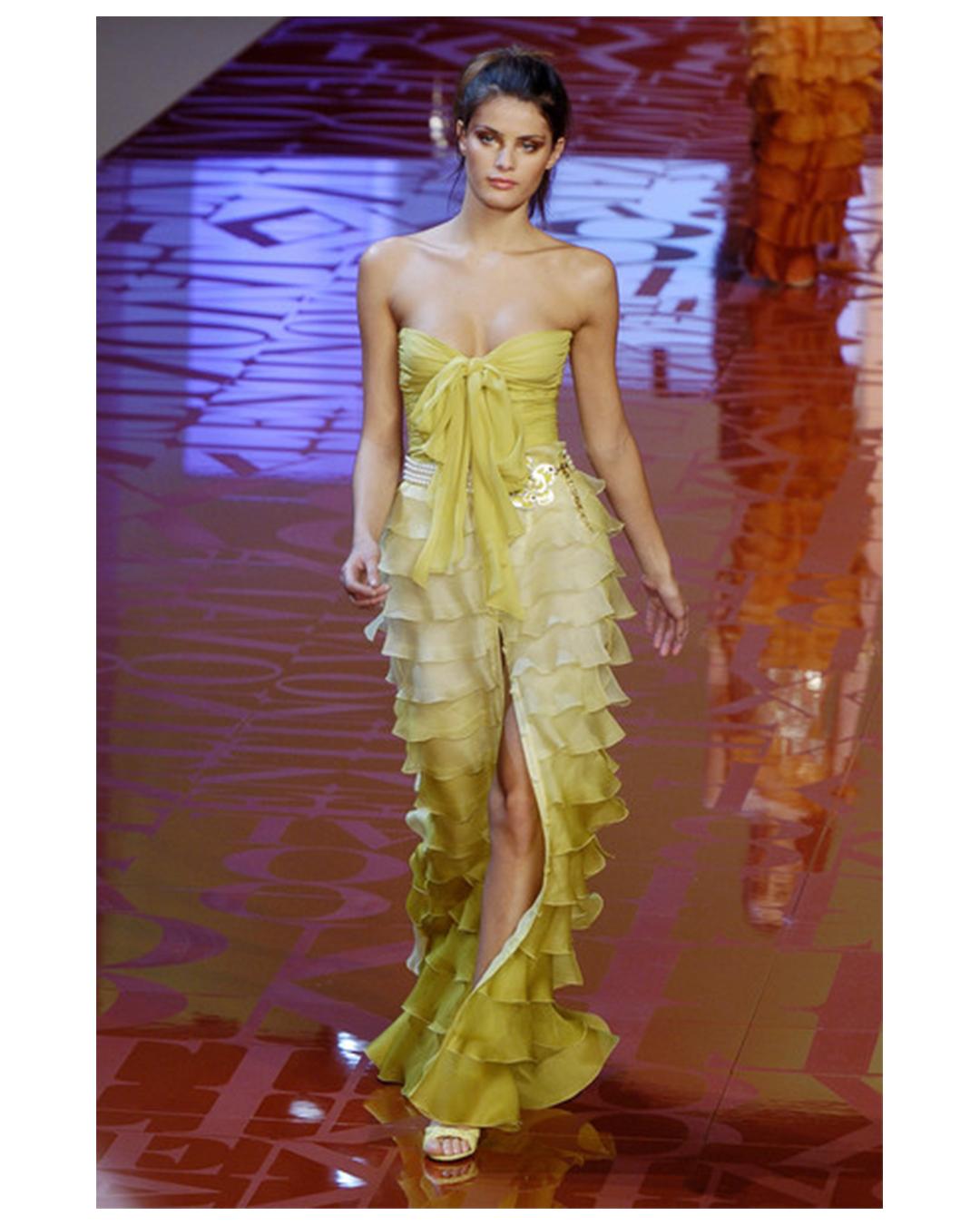 Valentino S/S 2005 yellow chartreuse strapless ruffle bustier silk gown dress 4
