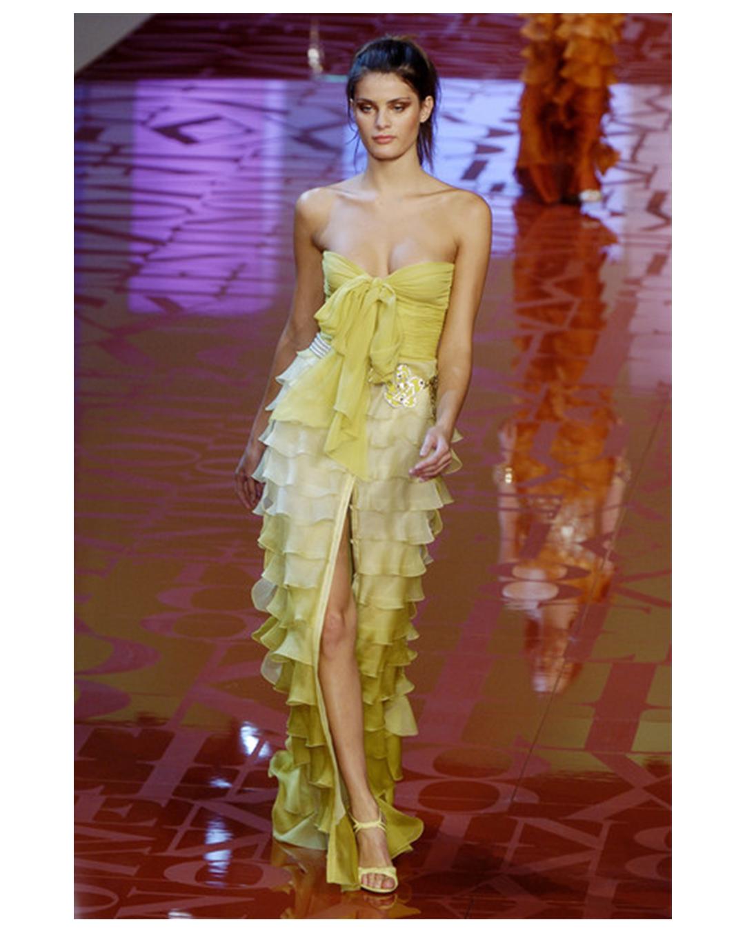 Valentino S/S 2005 yellow chartreuse strapless ruffle bustier silk gown dress 5