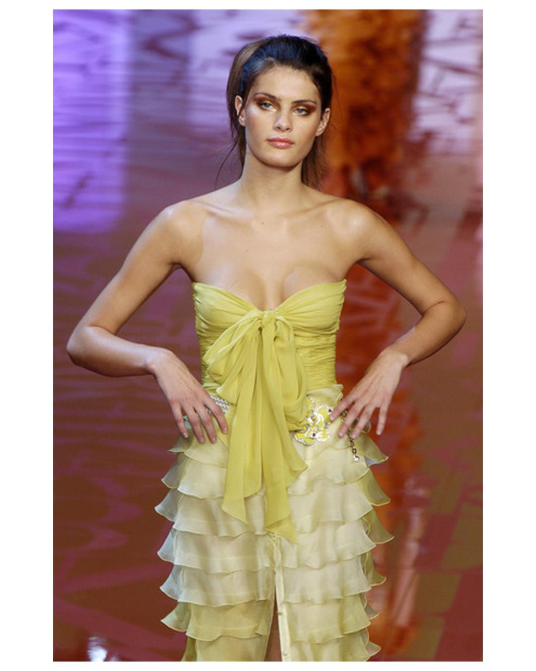 Valentino S/S 2005 yellow chartreuse strapless ruffle bustier silk gown dress 6