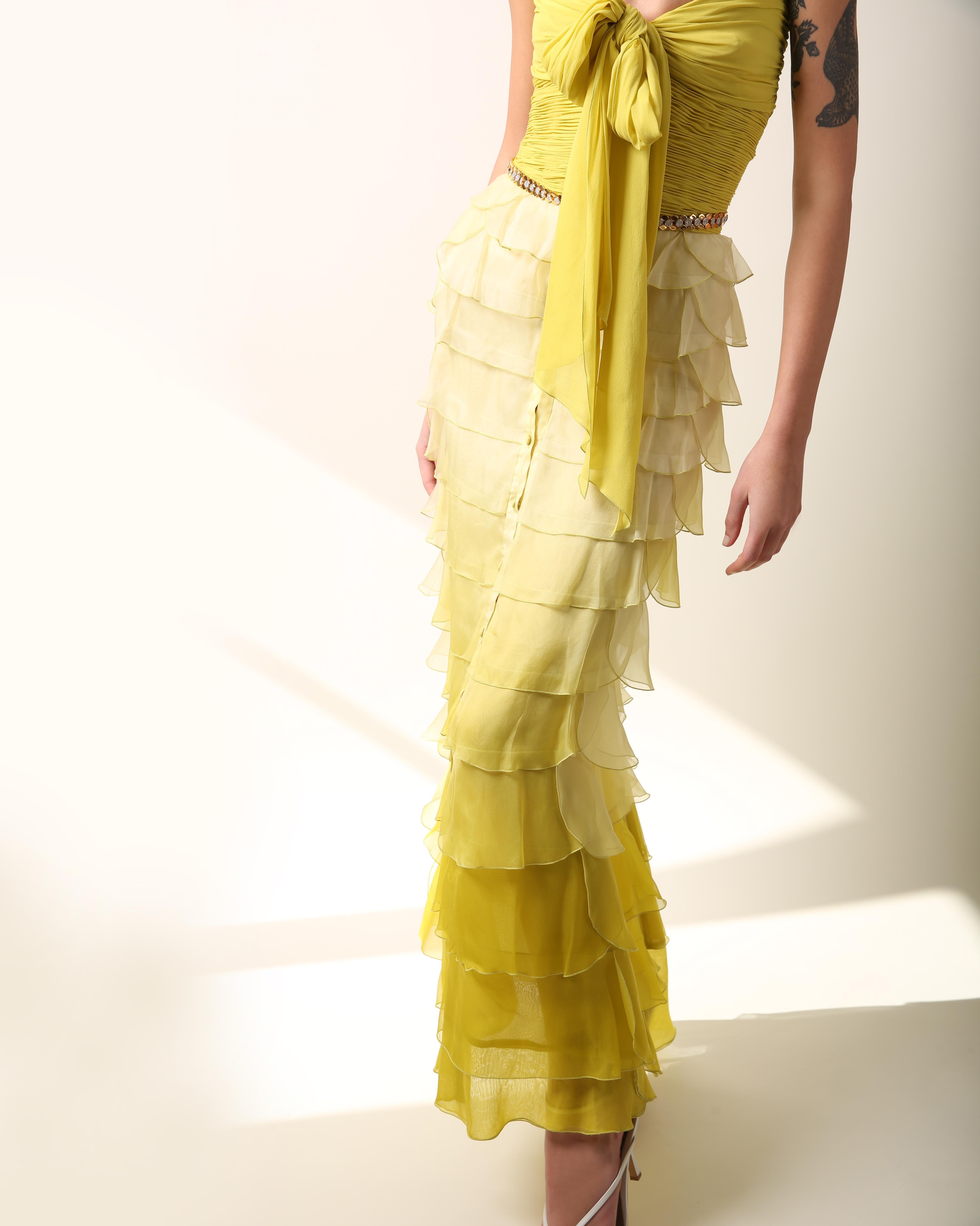 Yellow Valentino S/S 2005 yellow chartreuse strapless ruffle bustier silk gown dress