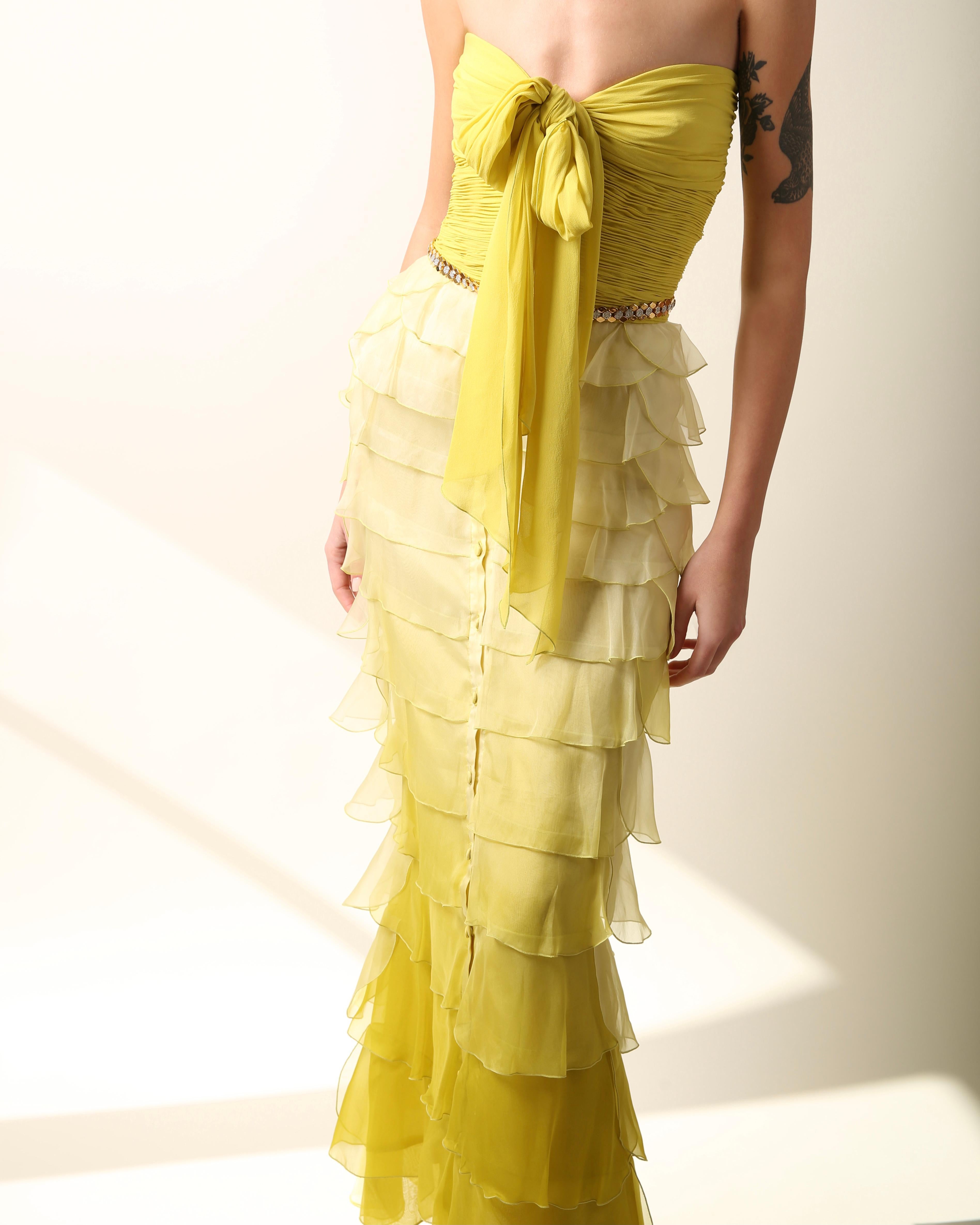 Valentino S/S 2005 yellow chartreuse strapless ruffle bustier silk gown dress In Excellent Condition In Paris, FR