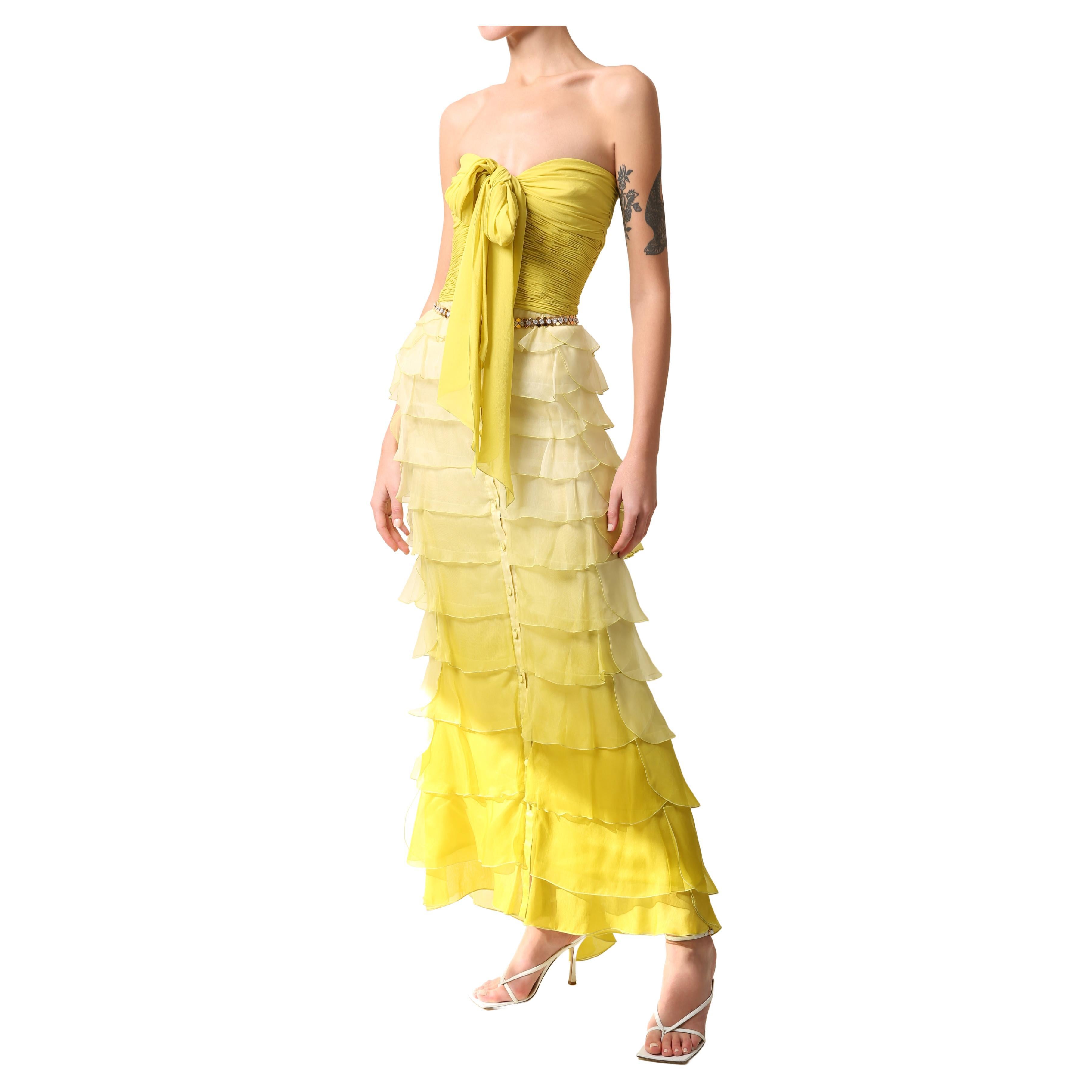 Valentino S/S 2005 yellow chartreuse strapless ruffle bustier silk gown  dress at 1stDibs