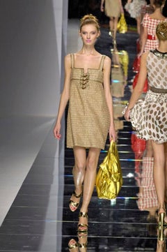 Valentino S/S 2008 Gold Lurex Tweed Square-Neck Bow-Embellished Mini Dress