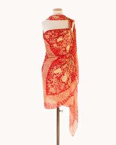 Valentino S/S 95 red beige floral wrap sari scarf one shoulder mini dress M-L