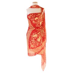 Valentino S/S 95 red beige floral wrap sari scarf one shoulder mini dress M-L