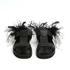 Valentino Sandales EU38 Black Leather and Feathers Sandals Flats Shoes UK5 US7.5