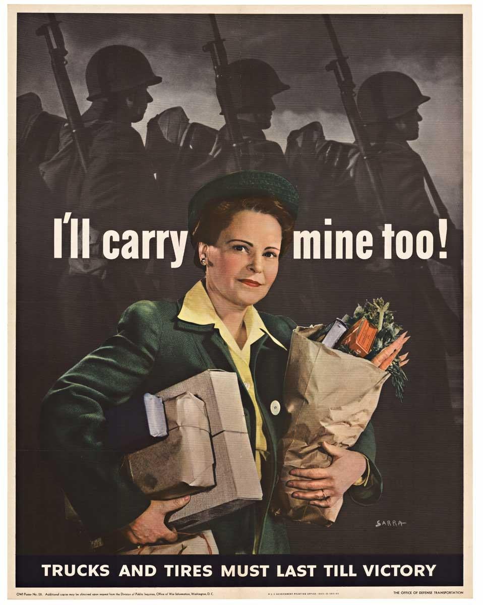 Valentino Sarra Figurative Print - I'll Carry Mine Too!  Original World War 2 vintage poster