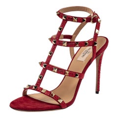 Valentino Scarlet Red Suede Crystal Rockstud Ankle Strap Sandals Size 38.5