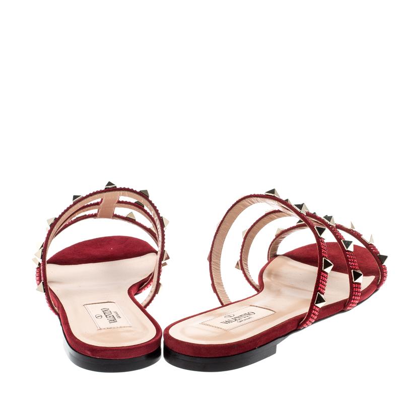 Beige Valentino Scarlet/Rubino Suede Rockstud Flat Slides Size 37