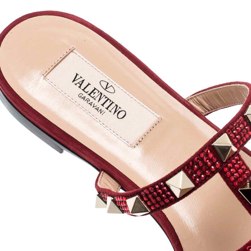 Women's Valentino Scarlet/Rubino Suede Rockstud Flat Slides Size 39