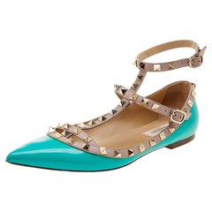 Valentino Sea Green/Beige Leather Rockstud Ankle Strap Ballet Flats Size 38.5