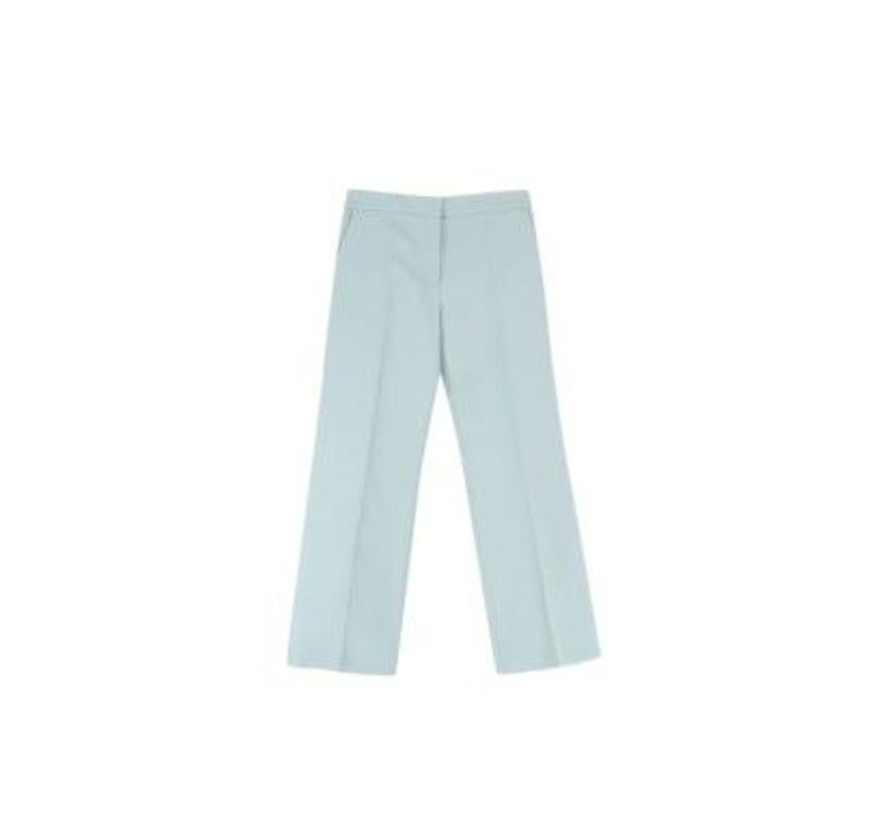 Valentino Sea Green Wool Tailored Wide Trousers

- Mid weight silk blend body 
- Tailored fit with wide leg 
- Side slip pockets 
- Two back welt pockets
- Zip fly with hook and bar fastening 
- Part lined with silk 

Materials:
65% Wool
35% Silk