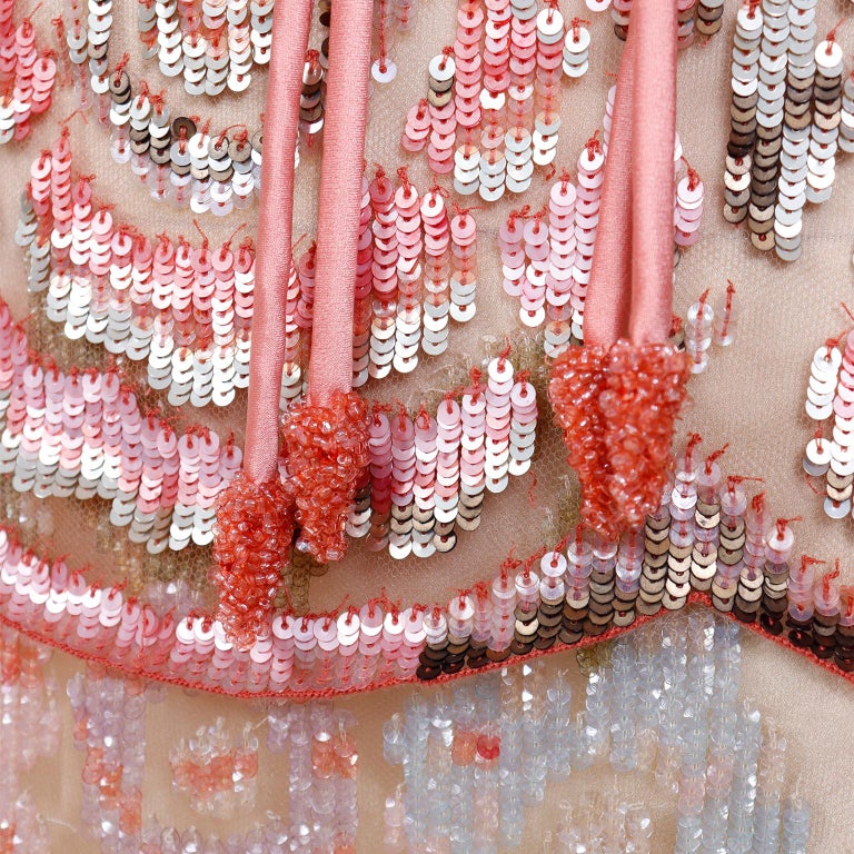 Valentino Sequin Beaded Peach and Gold Evening Dress with Silk Rope