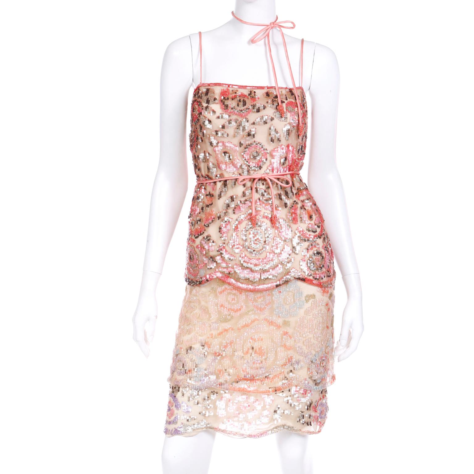 Valentino Sequin Beaded Peach & Gold Evening Dress with Silk Rope Beaded Belt For Sale 4