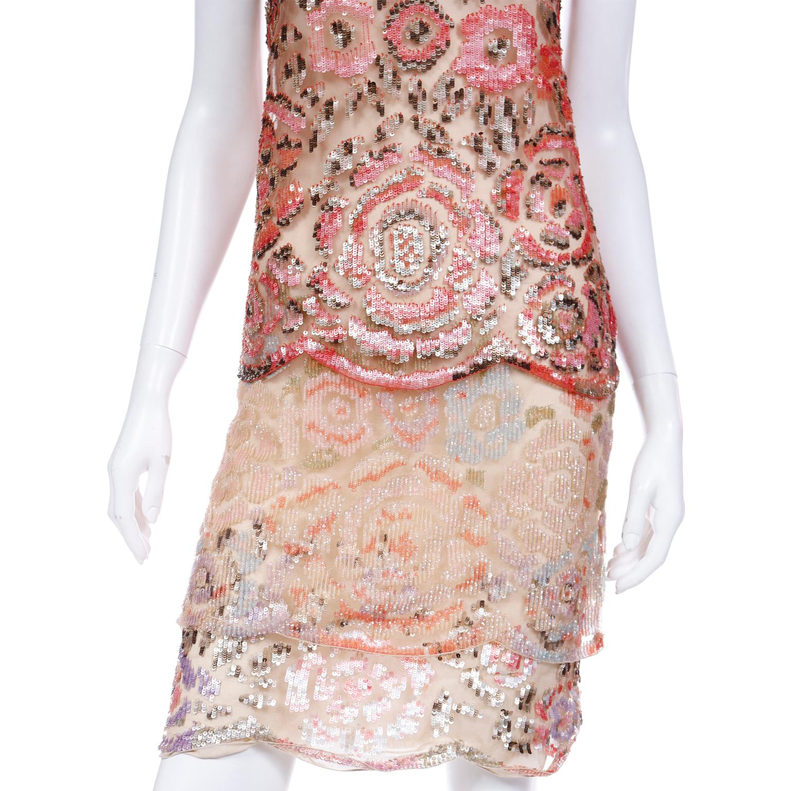 Women's Valentino Sequin Beaded Peach & Gold Evening Dress with Silk Rope Beaded Belt For Sale